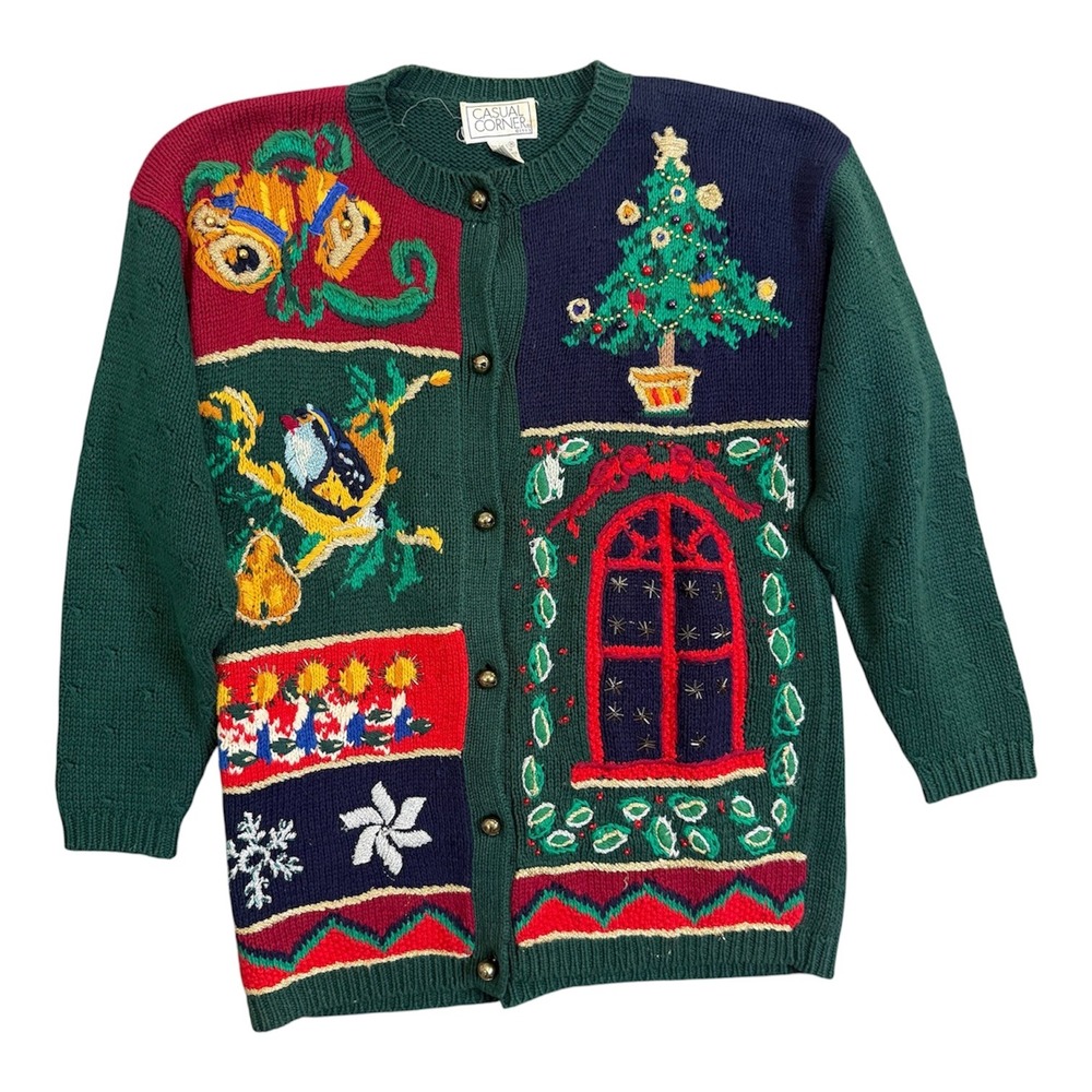Vintage Christmas Ugly Sweater Patchwork Cardigan Women's M Bell Buttons Noise